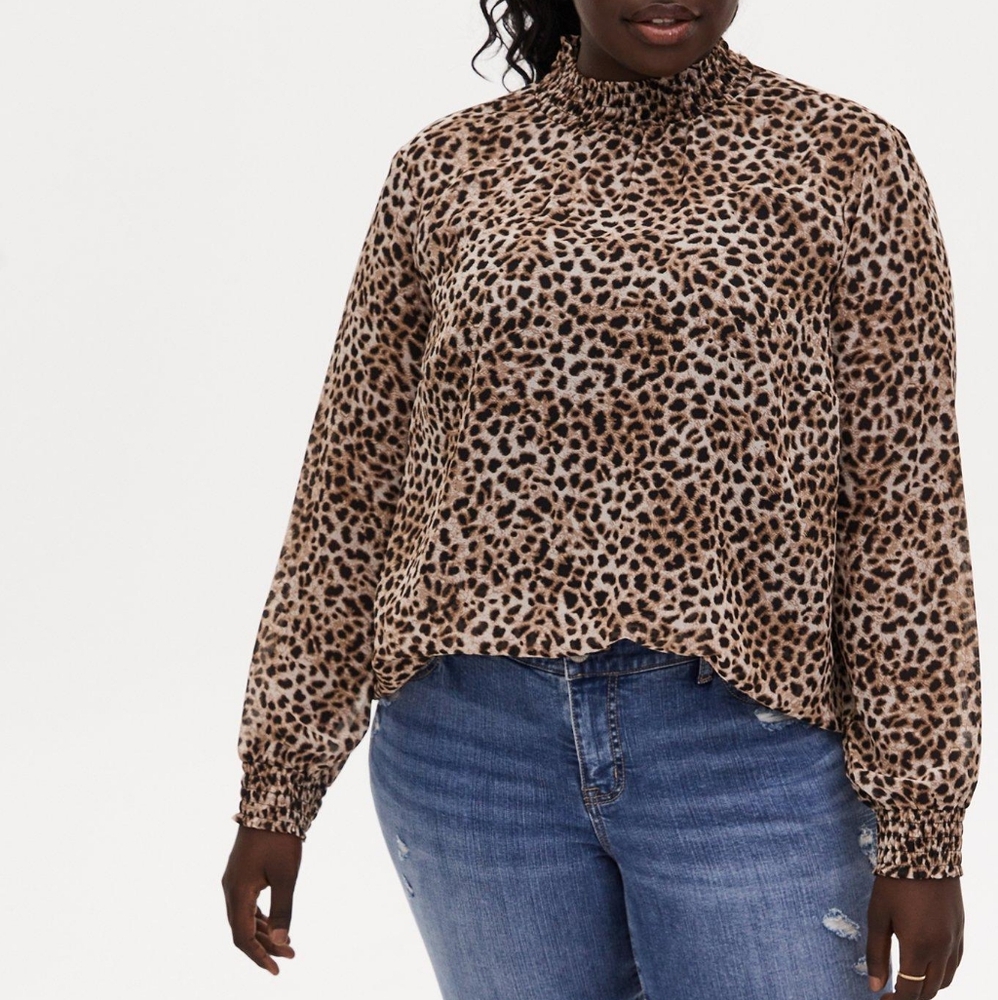 Torrid Leopard Print Chiffon Smocked Mock Neck Blouse
